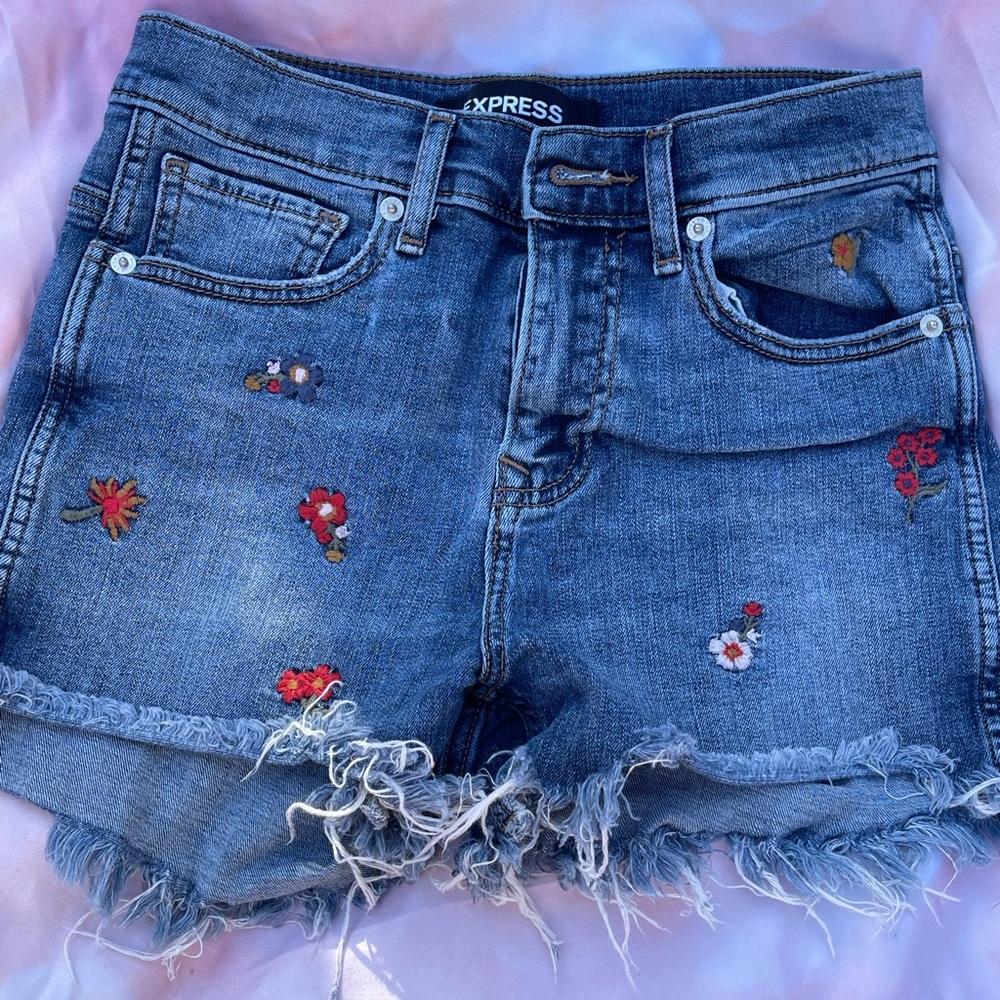 EXPRESS Flower Embroidered High Rise Midi Shorts